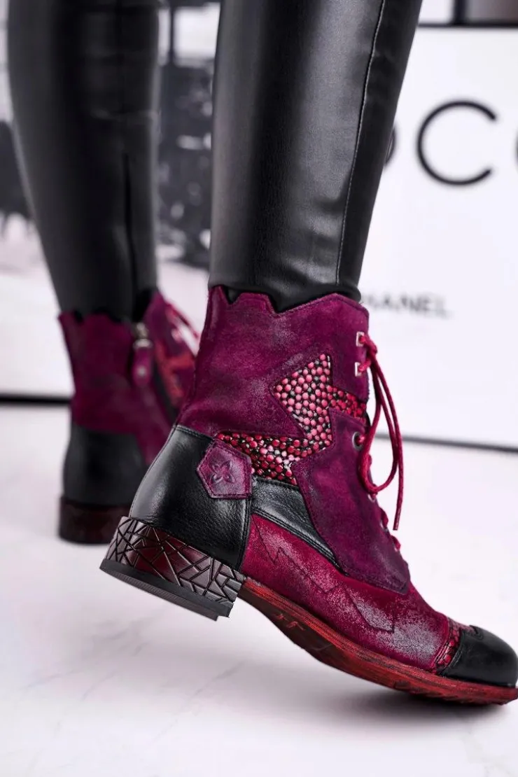 Online Maciejka Botki Damskie Skórzane Ocieplane Fioletowe 04625-23