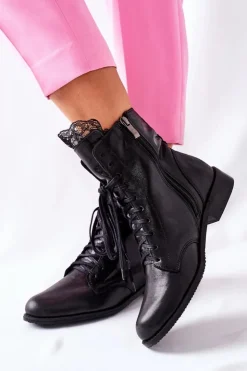 Damskie Boto Botki Damskie Skórzane Ocieplane Nicole Czarne 2193