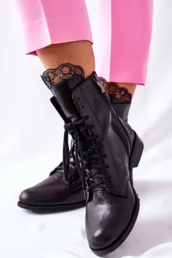 Damskie Boto Botki Damskie Skórzane Ocieplane Nicole Czarne 2193