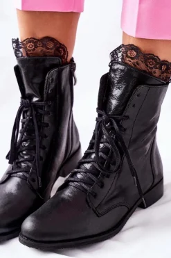 Damskie Boto Botki Damskie Skórzane Ocieplane Nicole Czarne 2193