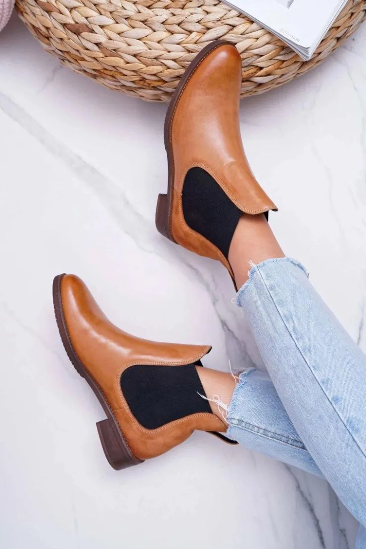 Maciejka Botki Damskie Skórzane Sztyblety Camel 04359