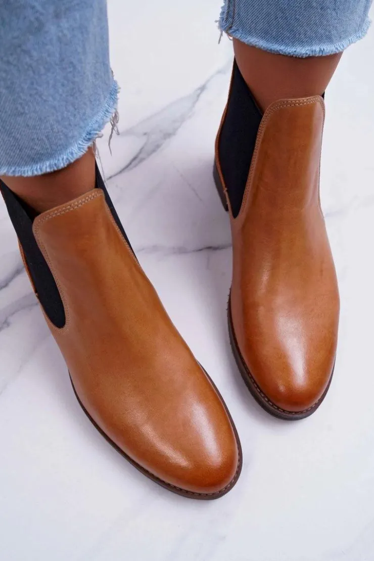 Maciejka Botki Damskie Skórzane Sztyblety Camel 04359