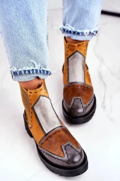 Maciejka Botki Maciejka|Botki Płaskie*Botki Damskie Skórzane Sztyblety Żółte 04634