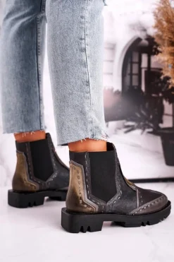 Damskie Maciejka Botki Damskie Skórzane Sztyblety Szare 04634-03