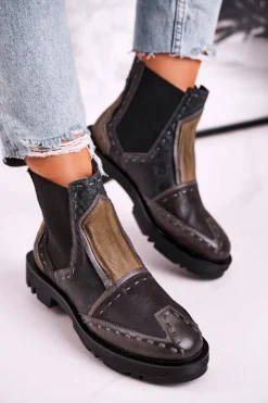 Damskie Maciejka Botki Damskie Skórzane Sztyblety Szare 04634-03