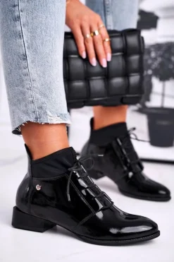 Damskie Maciejka Botki Damskie Skórzane Trzewiki Czarne 04744-01