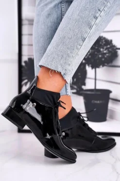 Damskie Maciejka Botki Damskie Skórzane Trzewiki Czarne 04744-01