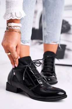 Damskie Maciejka Botki Damskie Skórzane Trzewiki Czarne 04744-01