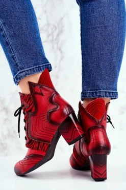 Damskie Maciejka Botki Damskie Skórzane Trzewiki Czerwone 03194