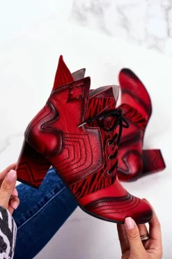 Damskie Maciejka Botki Damskie Skórzane Trzewiki Czerwone 03194