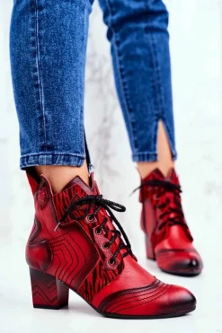 Damskie Maciejka Botki Damskie Skórzane Trzewiki Czerwone 03194