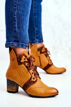 New Maciejka Botki Damskie Skórzane Trzewiki Żółte 03194