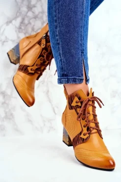 New Maciejka Botki Damskie Skórzane Trzewiki Żółte 03194