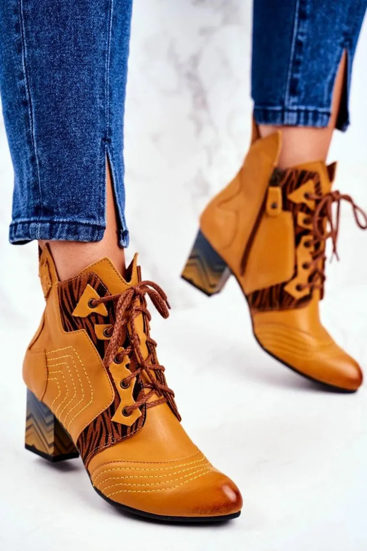 New Maciejka Botki Damskie Skórzane Trzewiki Żółte 03194