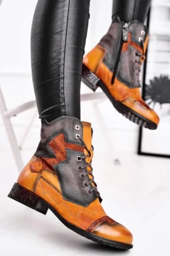 Clearance Maciejka Botki Damskie Skórzane Trzewiki Ocieplane Żółte 04625-07