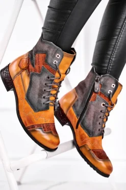 Clearance Maciejka Botki Damskie Skórzane Trzewiki Ocieplane Żółte 04625-07