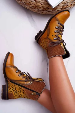 Maciejka Botki Maciejka|Botki Sznurowane*Botki Damskie Skórzane Trzewiki Żółte 3623A-07