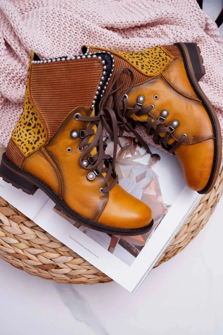 Maciejka Botki Maciejka|Botki Sznurowane*Botki Damskie Skórzane Trzewiki Żółte 3623A-07