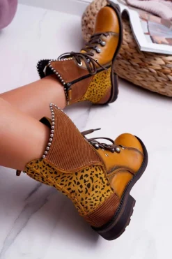 Maciejka Botki Maciejka|Botki Sznurowane*Botki Damskie Skórzane Trzewiki Żółte 3623A-07