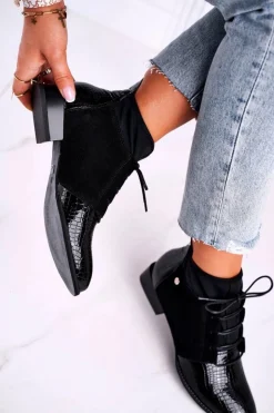 Maciejka Botki Maciejka|Botki Sznurowane*Botki Damskie Skórzane Trzewiki Czarne 04744-20