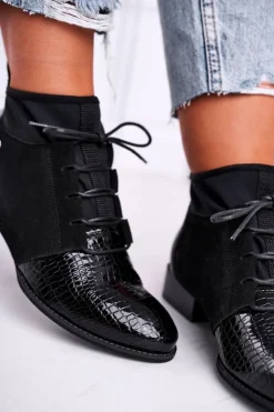 Maciejka Botki Maciejka|Botki Sznurowane*Botki Damskie Skórzane Trzewiki Czarne 04744-20