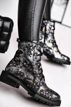 Maciejka Botki Maciejka|Botki Sznurowane*Botki Damskie Skórzane Trzewiki Kwiaty 04869-38