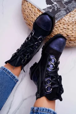 Maciejka Botki Maciejka|Botki Sznurowane*Botki Damskie Skórzane Trzewiki Granatowe 04184-17/00-3