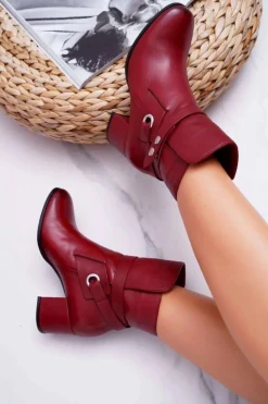 Clearance Laura Messi Botki Damskie Skórzane Wsuwane Bordowe 1820