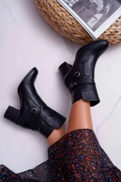 Damskie Laura Messi Botki Damskie Skórzane Wsuwane Czarne 1820