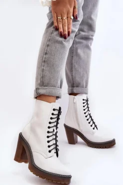 Hot Boto Botki Damskie Sznurowane Na Słupku Białe Arove