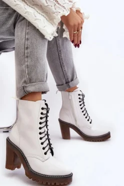 Hot Boto Botki Damskie Sznurowane Na Słupku Białe Arove