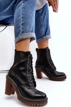 Damskie Boto Botki Damskie Sznurowane Na Słupku Czarne Arove