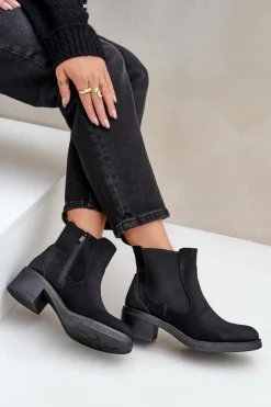 Outlet Boto Botki Damskie Sztyblety Ocieplane Niski Obcas Zamek Czarne Savalindra