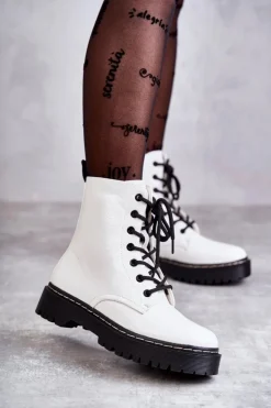 Discount Damskie buty S.Barski Botki Damskie Trapery Białe Kognito