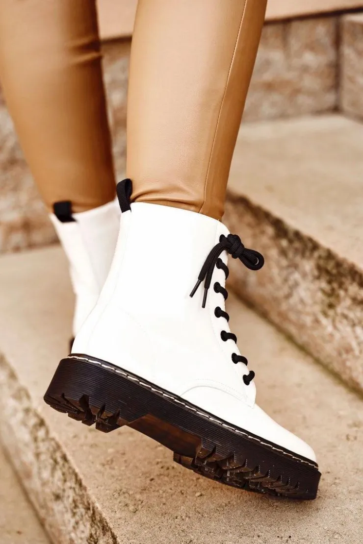 Discount Damskie buty S.Barski Botki Damskie Trapery Białe Kognito