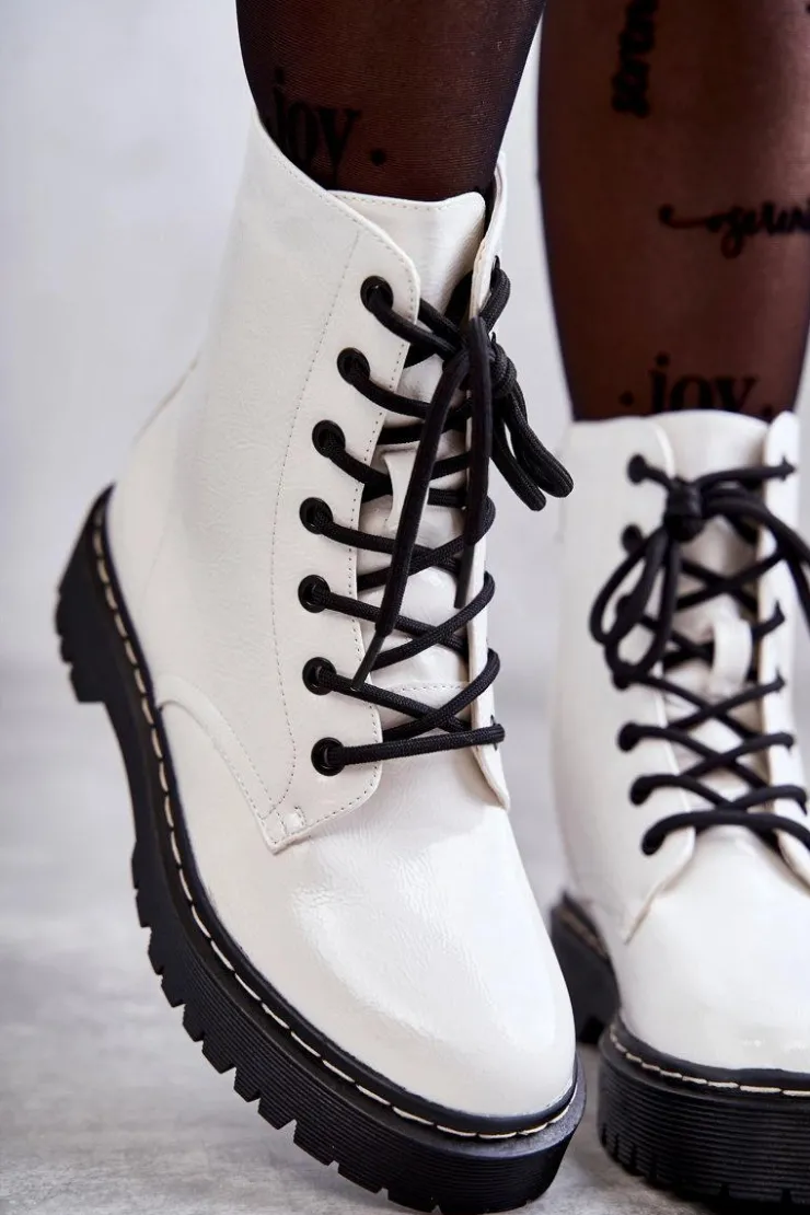 Discount Damskie buty S.Barski Botki Damskie Trapery Białe Kognito