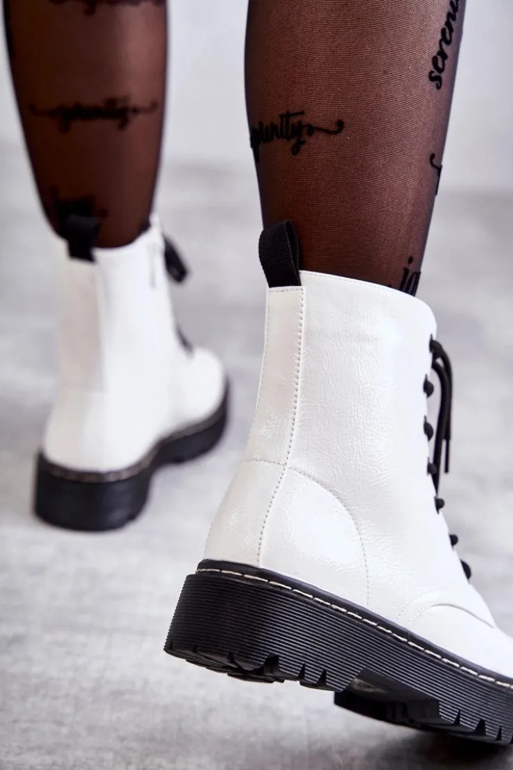 Discount Damskie buty S.Barski Botki Damskie Trapery Białe Kognito