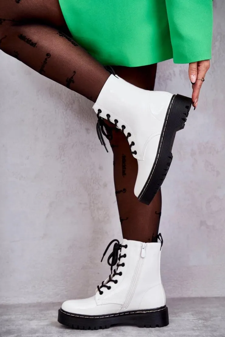 Discount Damskie buty S.Barski Botki Damskie Trapery Białe Kognito