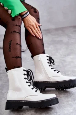 Discount Damskie buty S.Barski Botki Damskie Trapery Białe Kognito