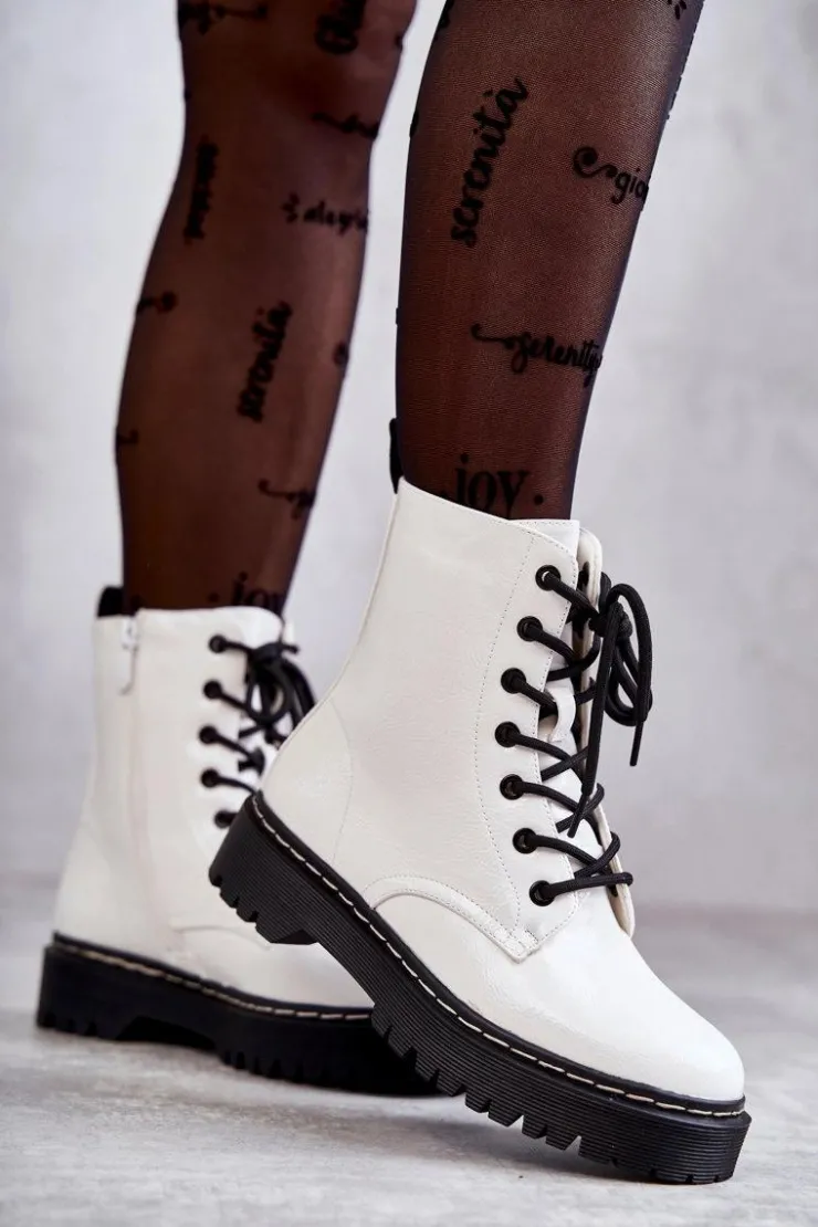 Discount Damskie buty S.Barski Botki Damskie Trapery Białe Kognito