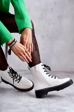 Discount Damskie buty S.Barski Botki Damskie Trapery Białe Kognito