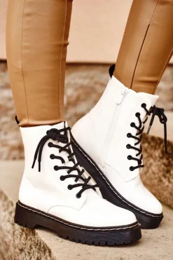 Discount Damskie buty S.Barski Botki Damskie Trapery Białe Kognito