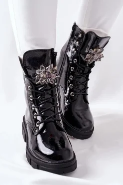 Damskie buty S.Barski Damskie Trapery|Czarne Botki*Botki Damskie Trapery Czarne Kryształy Tweten