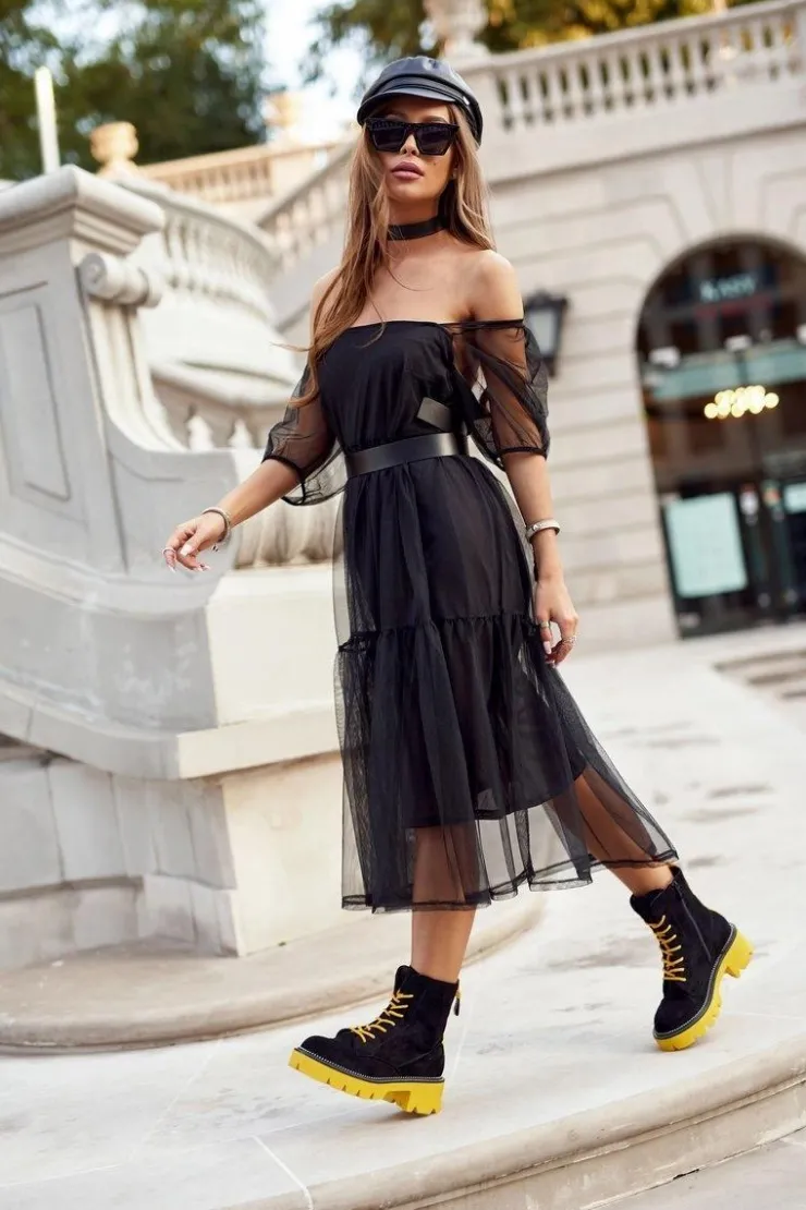 Outlet Boto Botki Damskie Trapery Czarne Żółte Zamszowe Malawi