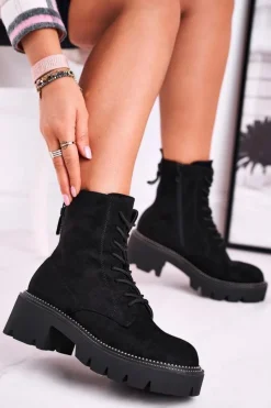 Damskie Boto Botki Damskie Trapery Czarne Zamszowe Malawi