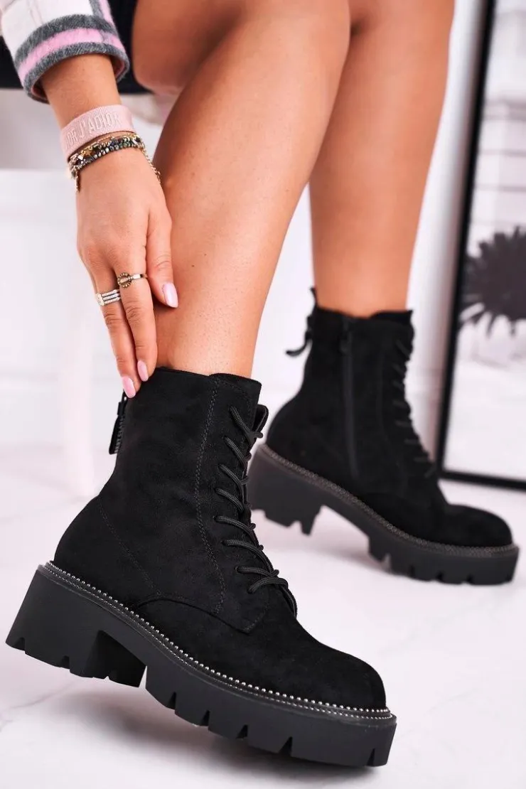 Damskie Boto Botki Damskie Trapery Czarne Zamszowe Malawi