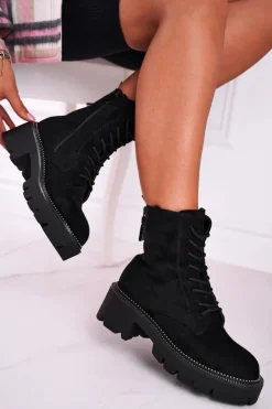 Damskie Boto Botki Damskie Trapery Czarne Zamszowe Malawi