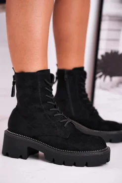 Damskie Boto Botki Damskie Trapery Czarne Zamszowe Malawi