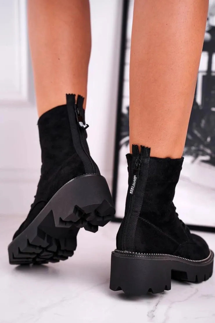 Damskie Boto Botki Damskie Trapery Czarne Zamszowe Malawi