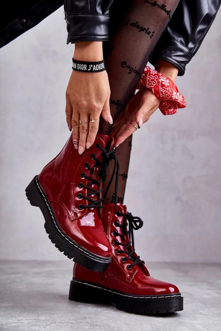 Damskie buty S.Barski Damskie Trapery|Botki Sznurowane*Botki Damskie Trapery Czerwone Kognito